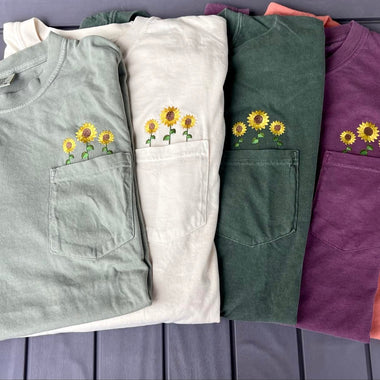 Sunflower Embroidered Pocket Wholesale Tee