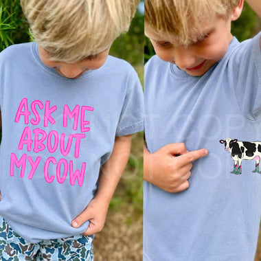 Ask Me About My Cow (Full size print and pocket size cow) GIRL VERSION DTF Transfers (CC)