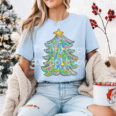 Blue Faux Foil Tree DTF Transfer