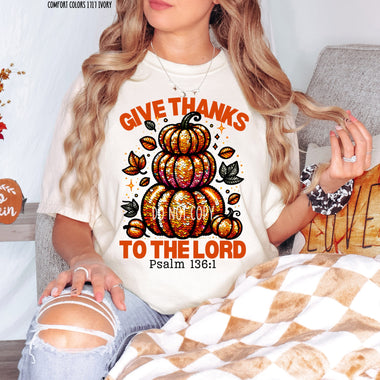 Give Thanks Faux Sequin Pumpkins Screen Print Transfer B22
