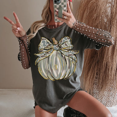 Pumpkin Camo Coquette Bow Wholesale Tee