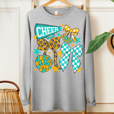 Cheer Football Bow Teal Yellow Gold DTF Transfer (SDD)