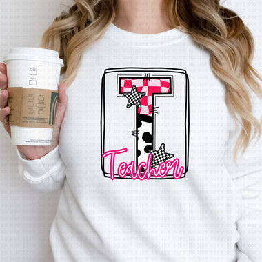 Teacher in Pink/Black DTF Transfer (ECH)