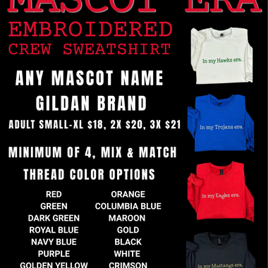 CUSTOM Mascot ERA Wholesale Embroidered Crew Sweatshirt