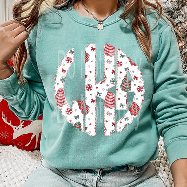 Custom Christmas Tree Cake Monogram DTF Transfer (leave initials in the note/personlize box with first initial first, last name initial middle and middle initial last)