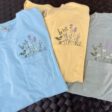 Flower Embroidered Pocket Wholesale Tee