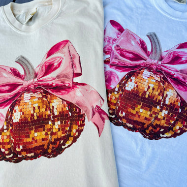 Sequin Pumpkin Pink Bow Wholesale Tee