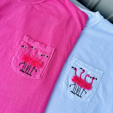 Fuzzy Flamingo Embroidered Pocket Wholesale Tee