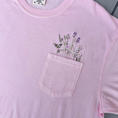 Flower Embroidered Pocket Bright Color Wholesale Tee