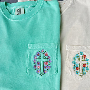 Floral Cross Embroidered Pocket Wholesale Tee