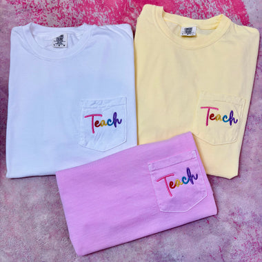 Teach Colorful Embroidered Pocket Wholesale Tee