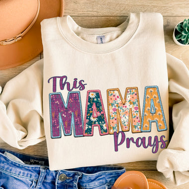 This Mama Prays Purple/gold Faux Embroidery DTF Transfer