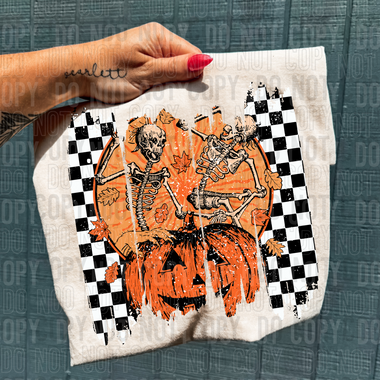 Skeleton Pumpkin Checkered Brushstroke Halloween DTF Transfer (SBBB)