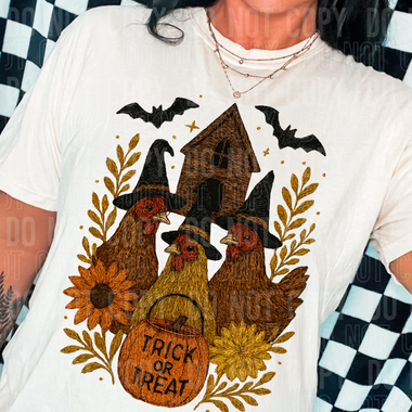 Faux Embroidery Trick or Treat Halloween Chickens DTF Transfer (SBBB)