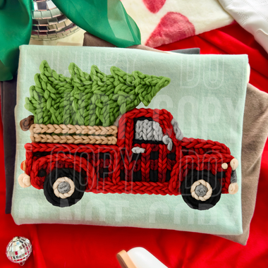 Checkered Christmas Truck Faux Yarn DTF Transfer (SBB)