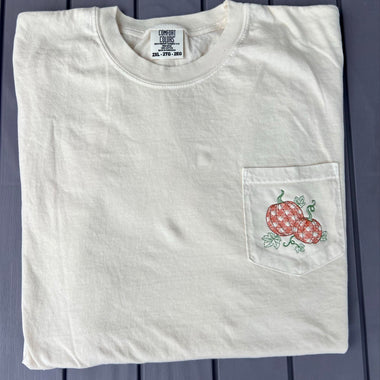 Plaid Pumpkin Embroidered Pocket Wholesale Tee