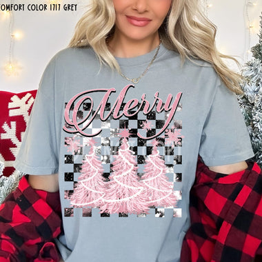 Merry Checkered Pink Trees Screen Print High Heat Transfer T67