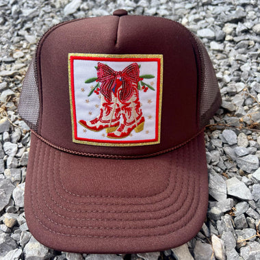 Country Cowgirl Christmas Boot Glitter Embroidered Patch Trucker Hat