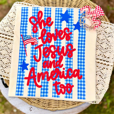 She Loves Jesus and America Too in Red DTF Transfer (CC)