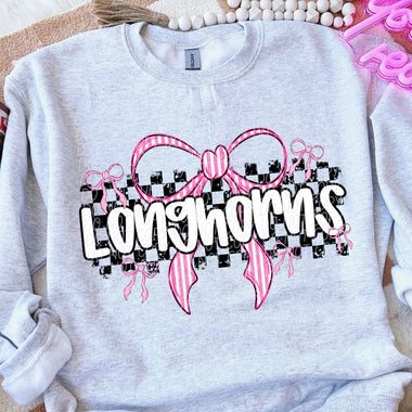 Longhorns Pink Bow with Checks Mascot DTF Transfer