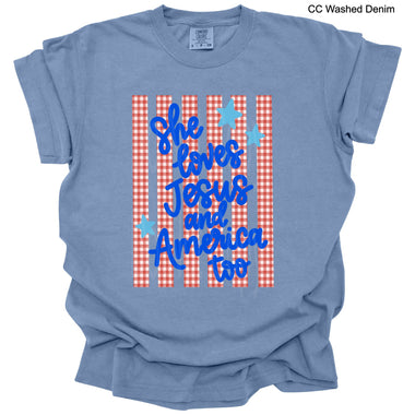She Loves Jesus and America Too in Blue DTF Transfer (CC)