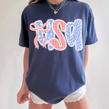 USA Patchwork Preppy Bow Wholesale Tee