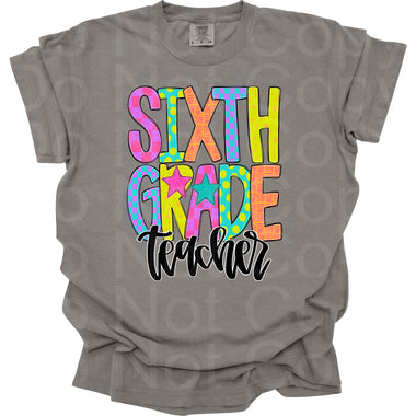 Preppy Bright Pattern Sixth Grade Teacher DTF Transfer (AR)