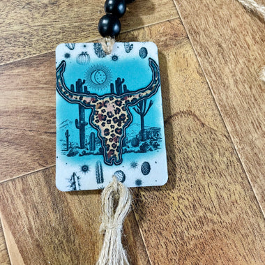 Cactus Bull Skull Pattern Car Freshie with Wood Beads