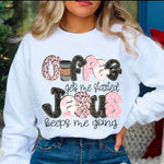 Coffee Gets Me Started, Jesus Keeps Me Going DTF Transfer