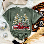 Red Christmas Tree Truck Faux Hand Painted Wholesale Tee