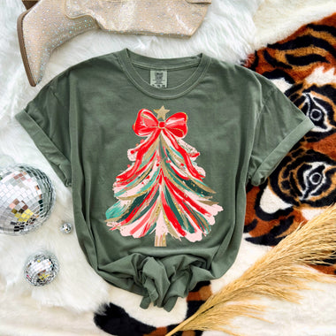 Coquette Preppy Brush Stroke Christmas Tree Wholesale Tee