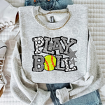 Play Ball Mix Print Softball GRAY DTF Transfer