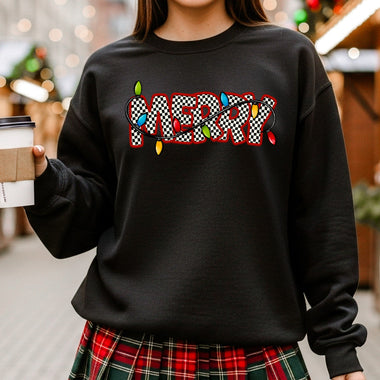 Checkered Merry with Christmas Lights DTF Transfer (E)