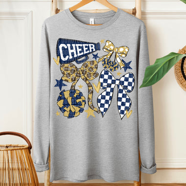 Cheer Football Bow Navy Blue Vegas Gold DTF Transfer (SDD)