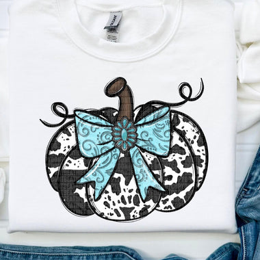 COWPRINT PUMPKIN WITH TURQUOISE BOW DTF Transfer