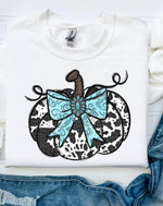 COWPRINT PUMPKIN WITH TURQUOISE BOW DTF Transfer