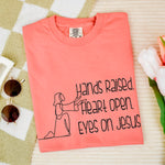 Hands Raised Heart Open Eyes on Jesus DTF Transfer