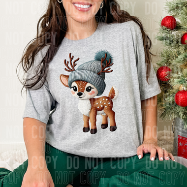 Faux Embroidery Reindeer with Beanie DTF Transfer