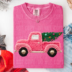 Pink Faux Yarn Christmas Truck DTF Transfer (SBBD)