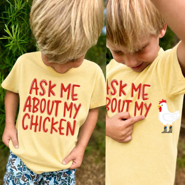 Ask Me About My Chicken (Full size print and pocket size cow) BOY VERSION DTF Transfers (CC)