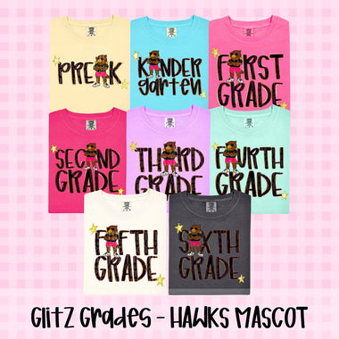 Glitz and Glam Hawks Mascot Grade Level DTF Transfer (CT)