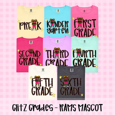 Glitz and Glam Rams Mascot Grade Level DTF Transfer (CT)