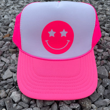 Happy Face White and Neon Pink Mesh Trucker Hat