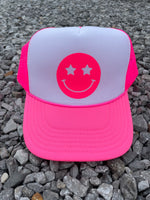 Happy Face White and Neon Pink Mesh Trucker Hat
