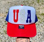 USA Faux Chenille Letter Red White Blue Mesh Trucker Hat