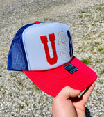 USA Faux Chenille Letter Red White Blue Mesh Trucker Hat