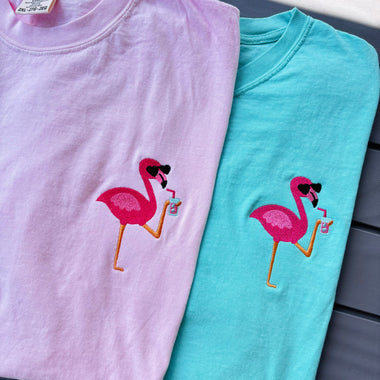 Sunglasses Flamingo Embroidered Wholesale Tee