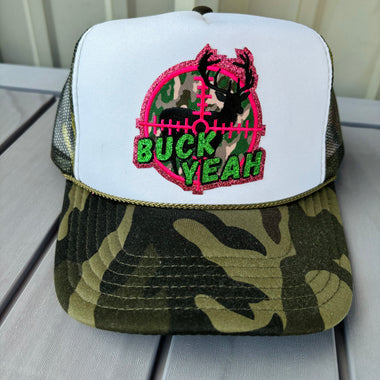 Buck Yeah Hunting Camo Glitter Embroidered Patch Trucker Hat