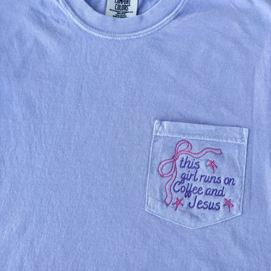 Girl Runs on Coffee and Jesus Embroidered Pocket Wholesale Tee