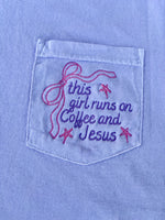 Girl Runs on Coffee and Jesus Embroidered Pocket Wholesale Tee